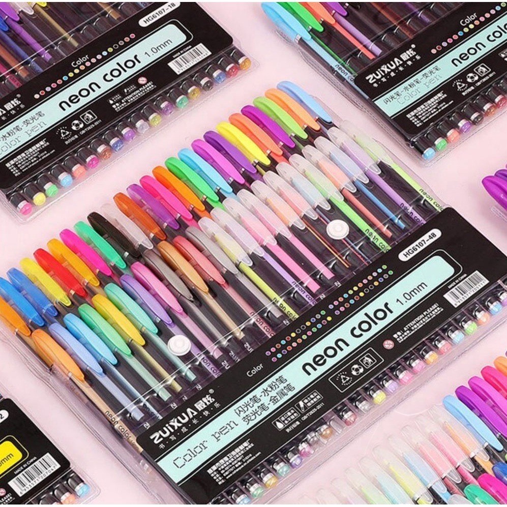 Kit 12/24/36 Canetas 1.00mm Com Glitter Pastel Metal Gel ColorGel Neon  Para Escolar