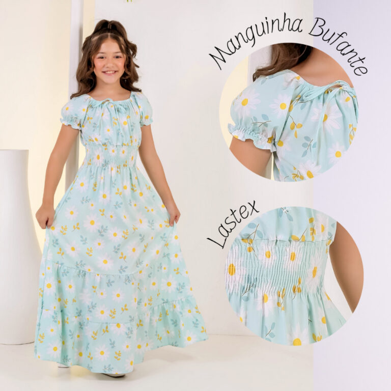 Vestido longo com manga infantil juvenil moda evan