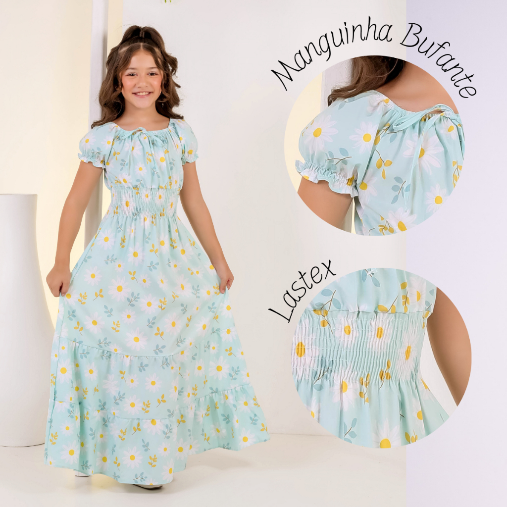 Vestido longo com manga infantil juvenil moda evangélica 10/12/14