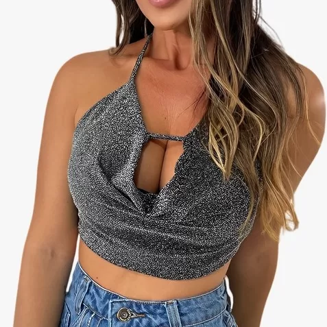Cropped Feminino Lurex Costas Nuas Amarração Com