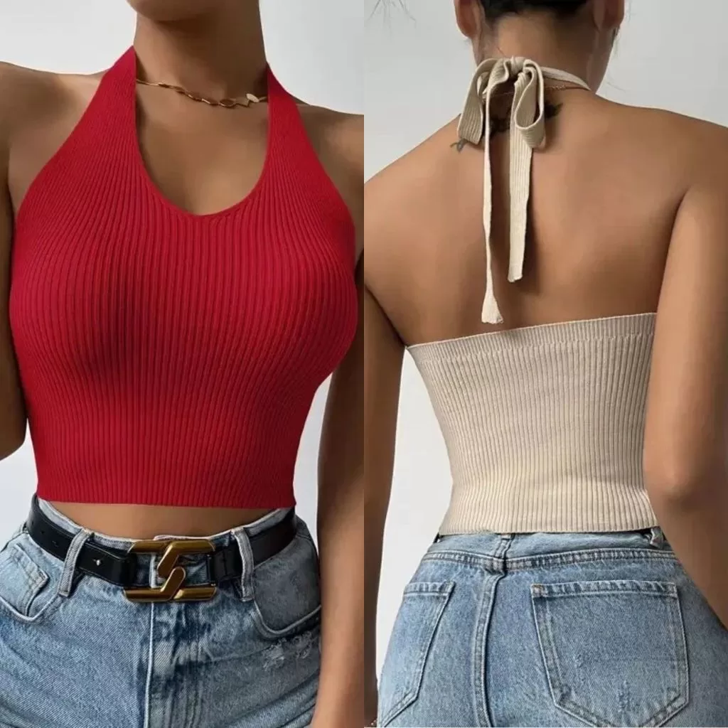 Cropped Regata Tricot Modal Frente Única De Amarrar Confortável Moda Feminina Básico