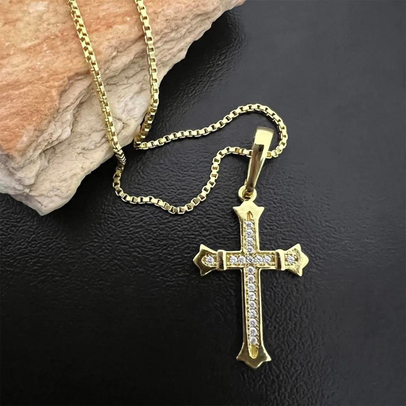 Pingente de Ouro 18k Pequeno Masculino Crucifixo Gótico Cravejado Banhado a Ouro