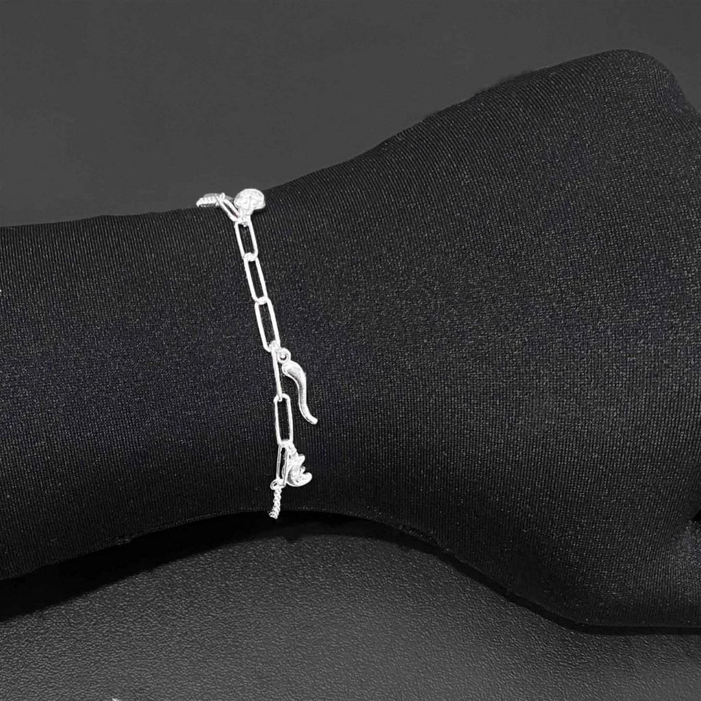 Pulseira 19cm Elo Português 3,5mmm Com Pimenta Lua e Coração Fecho Tradicional de Prata Italiana 925