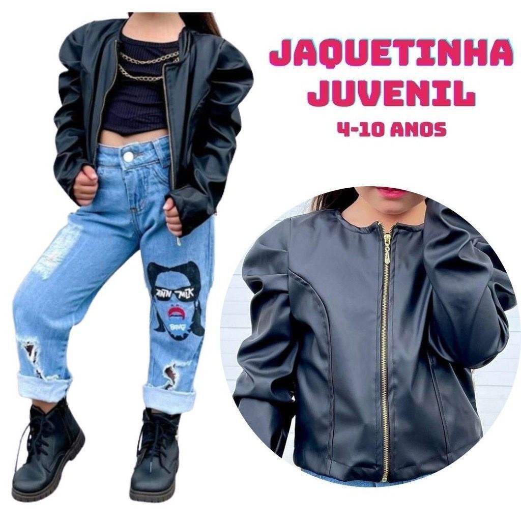 Jaqueta Infantil Menina Manga Bufante Couro Sintético Com Zíper Jaquetinha Blusa Juvenil Preta