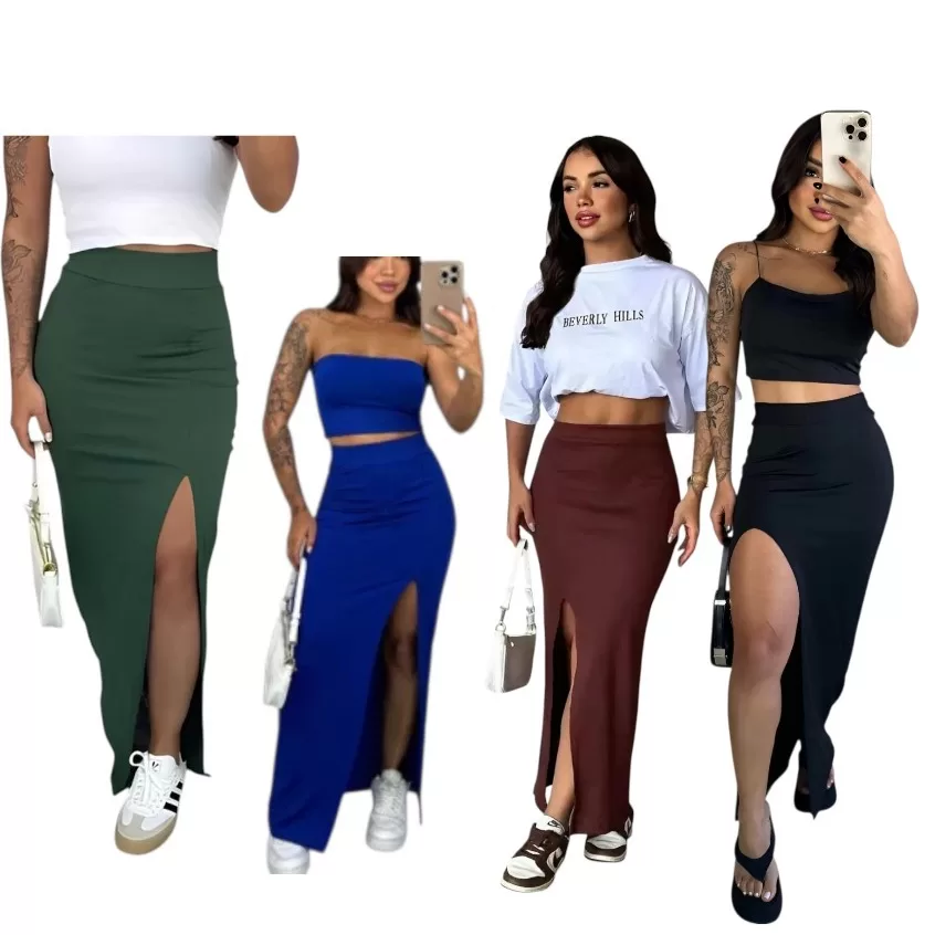 Saia Longa Fenda Modinha Longuete Blogueira Moda Gringa Suplex