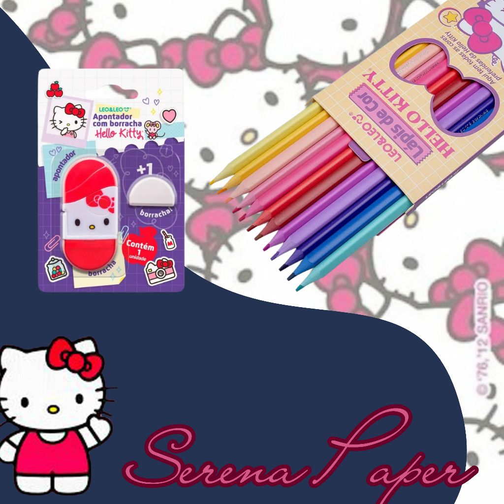 KIT HELLO KITTY (1 LÁPIS DE COR 12 CORES / 1 APONTADOR COM BORRACHA) / PAPELARIA FOFA KAWAII