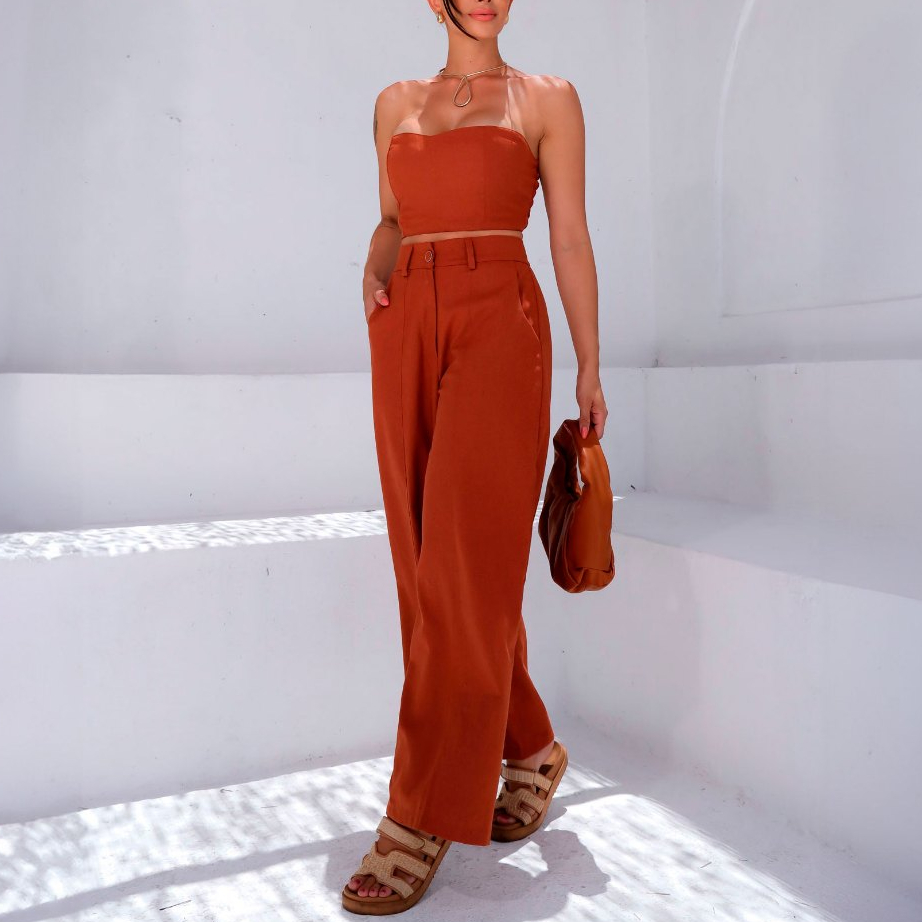 Conjunto Calça Pantalona Cintura Alta e Cropped em Linho