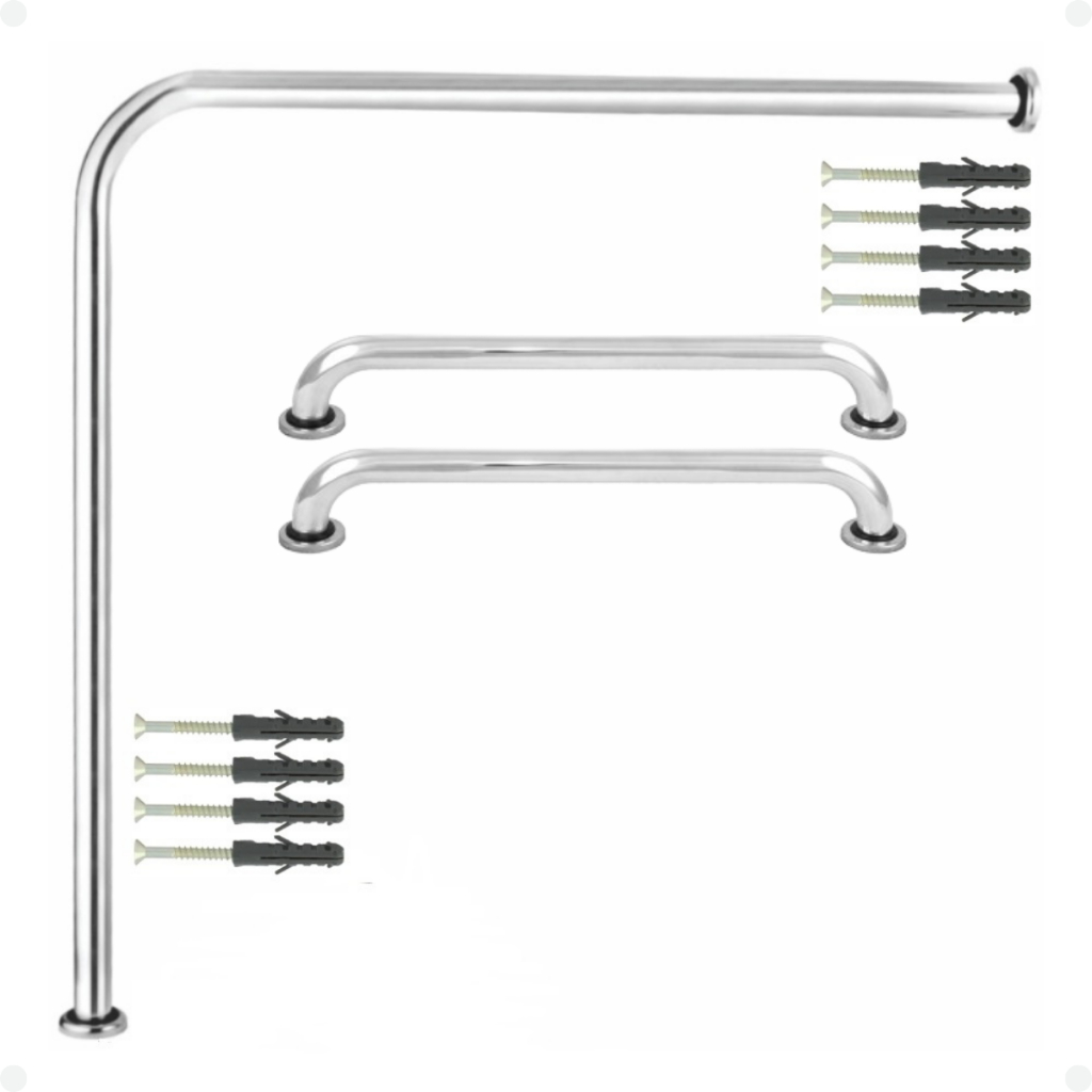 Kit Alça Barra De Apoio 1 70×70+2 Alças 60cm Suporte Corrimão Idoso Gestante Deficiente Cor Prateado