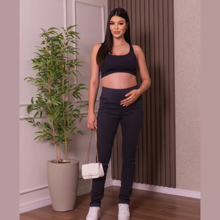 Calça Gestante Jeans Premium Escuro Black Com Ela