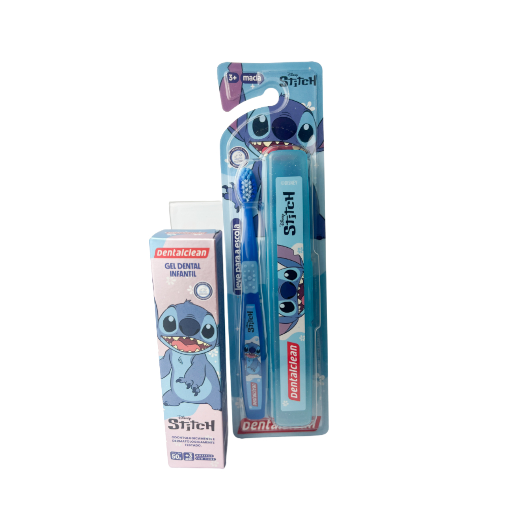 Kit Escova Dentes infantil Stitch + Creme Dental Morango Fluor sem Glutém 50g