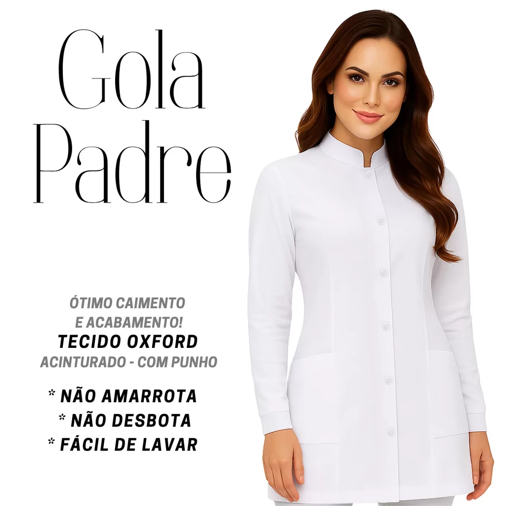 JALECO FLP Feminino Acinturado Gola Padre Manga Longa com Punho Oxford branco preto Rosa Melhor