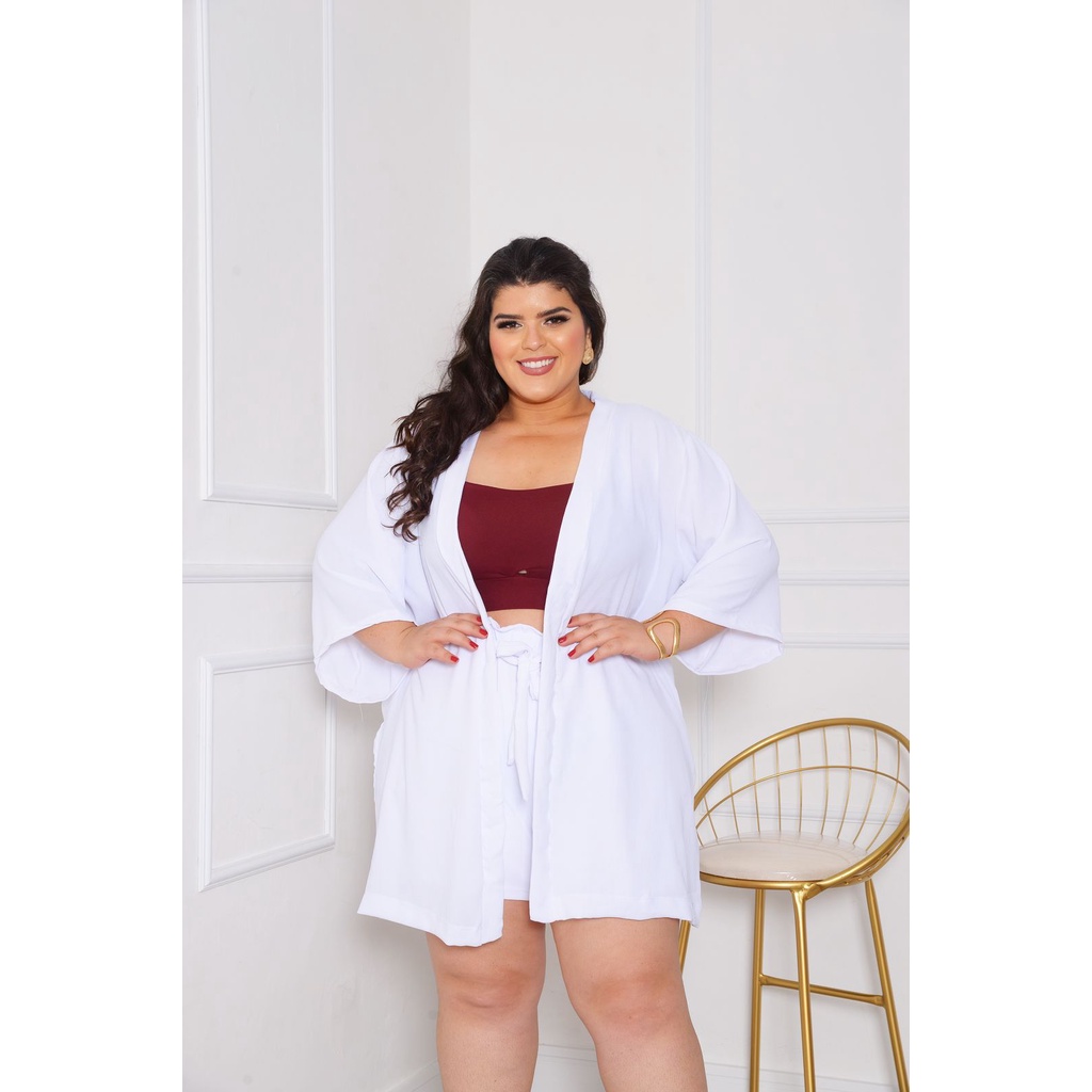 Kimono Plus Size Floral Manga Curta Com Shorts KN09