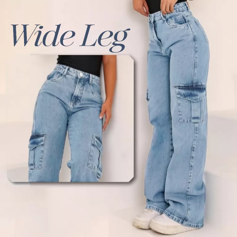 Calça Wide Leg CARGO Jeans Feminina Cintura Alta 