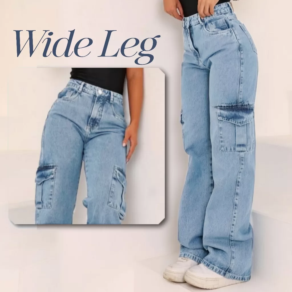 Calça Wide Leg CARGO Jeans Feminina Cintura Alta pantalona