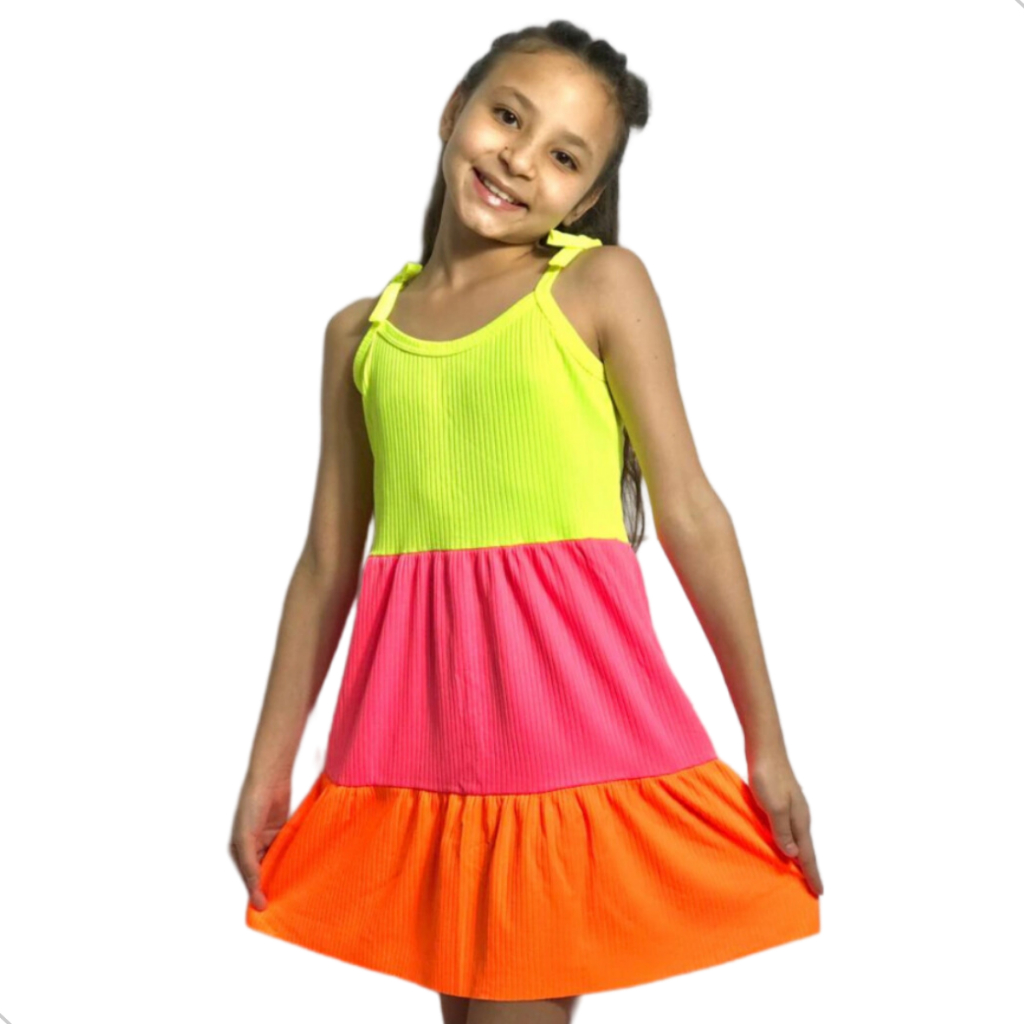 Vestido Infantil 3 Marias Colorido Canelado Moda Menina Blogueirinha Leve Fresco e Confortável