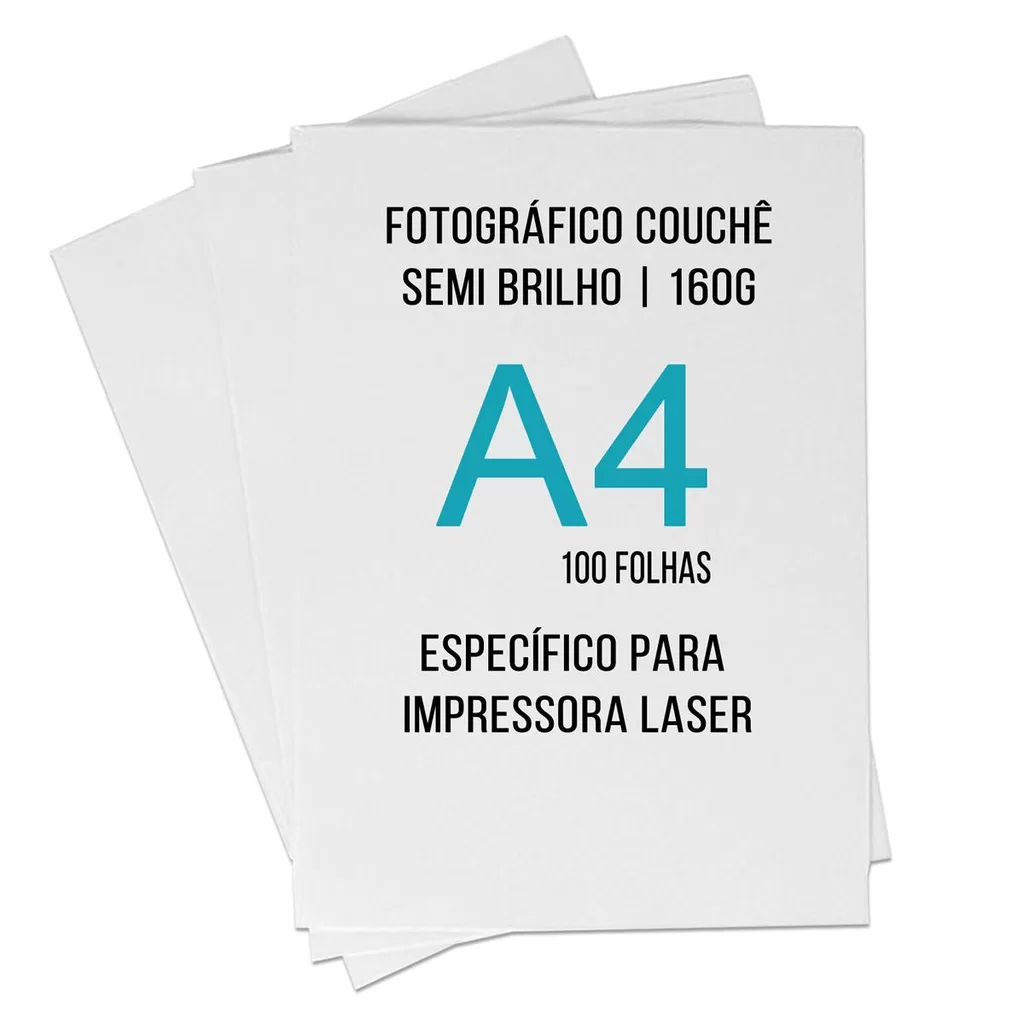 Papel Fotográfico Couche Semi Brilho A4 160g Específico para Impressora Laser com 100 Folhas