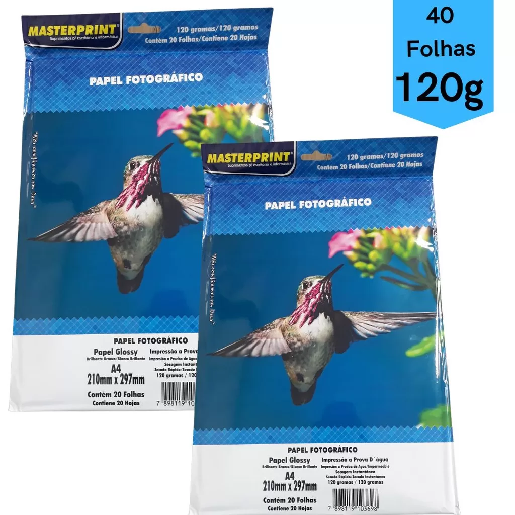 Folhas Papel Fotografico 120g 40 folhas A4 Glossy Brilhante Masterprint