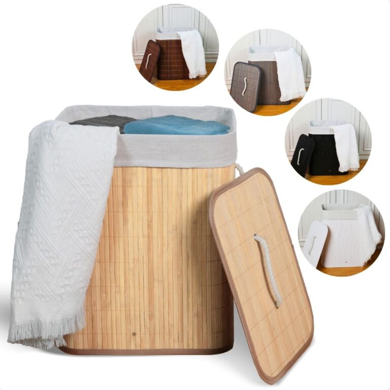Cesto de Roupa Suja Bambu Com Tampa e Alças 50 Li