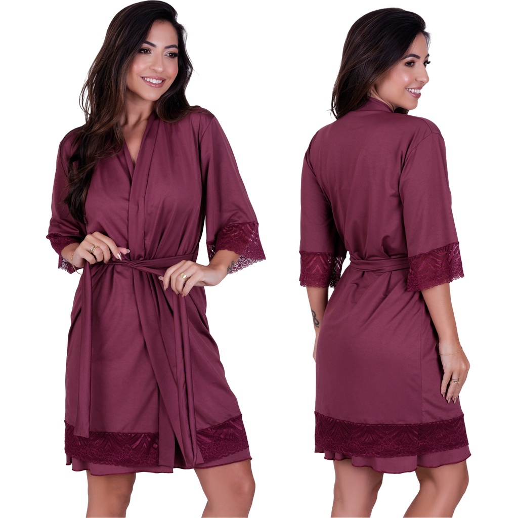 Robe Romantic Com Detalhes em Renda Feminino Hobby Linha Noite Roupão Confortável