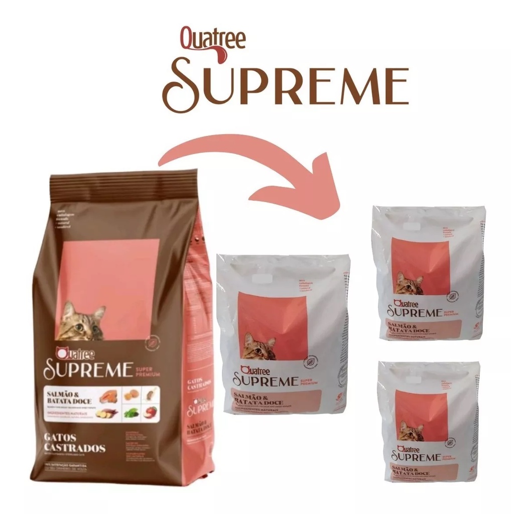 Kit Ração 1kg 1, 2, 3 Pacotes Ração Quatree Supreme Para Gatos Castrados Salmão e batata doce