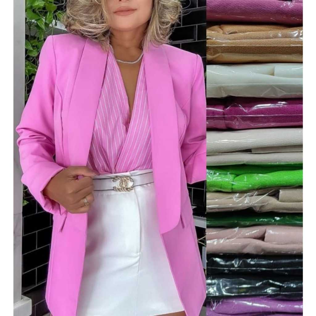 Blazer alfaiataria 10 cores feminino aberto sem botões bolso fake tecido mole acinturado P M G GG