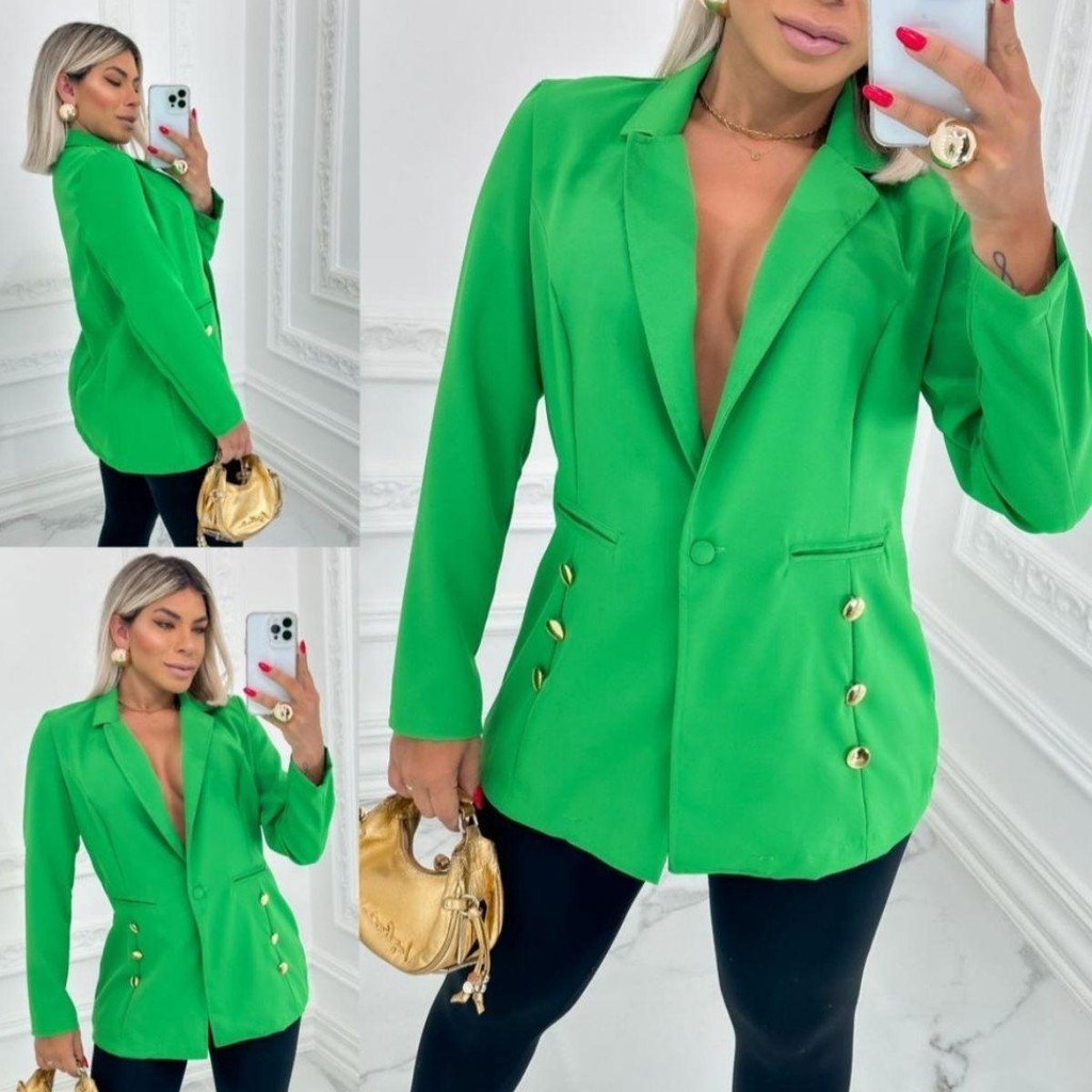 Blazer Feminino Alfaiataria Com Botões Dourados Elegante