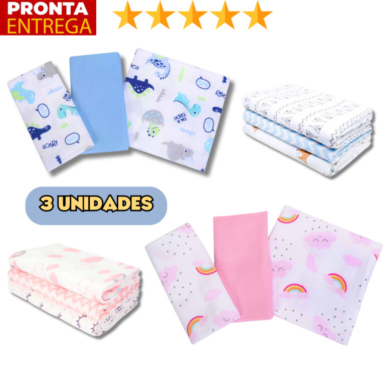 Kit 3 Cueiro Flanelado Estampado 50 x 80 Enxoval I