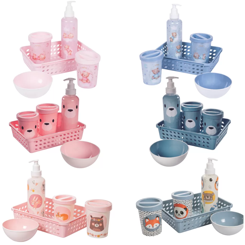 Kit Higiene Bebê 5 peças Plasutil Baby Urso Trama Organizador Infantil Porta AlgodãoMeninoMenina