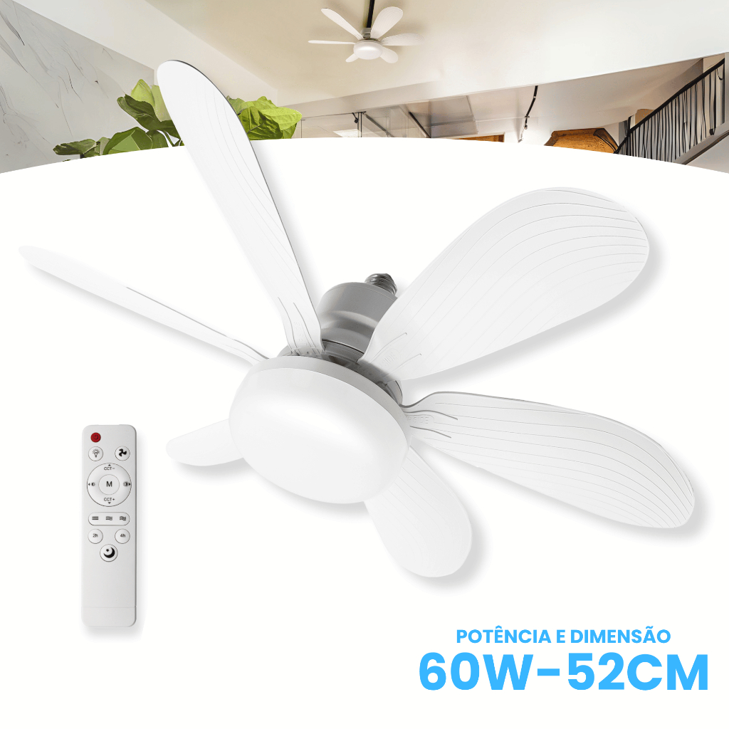Ventilador de Teto Lâmpada Soquete E27 Com Luz Led Ajustável Bivolt VT02 Verão