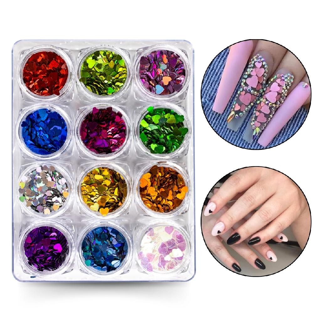 Kit 12 Glitter Formato Coração Para Decoração Unhas Nail Art Brilho Strass Manicure