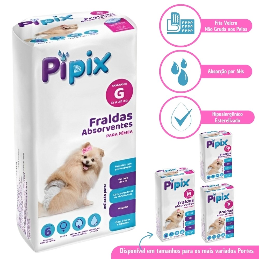 Fralda Higiênica Descartável Para Cães Pet Pipix Fêmea 6 Unidades