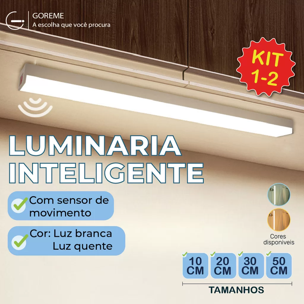 Smart Luminária Inteligente Ultra LED com sensor de movimento sem fio e Recarregável USB fino barra