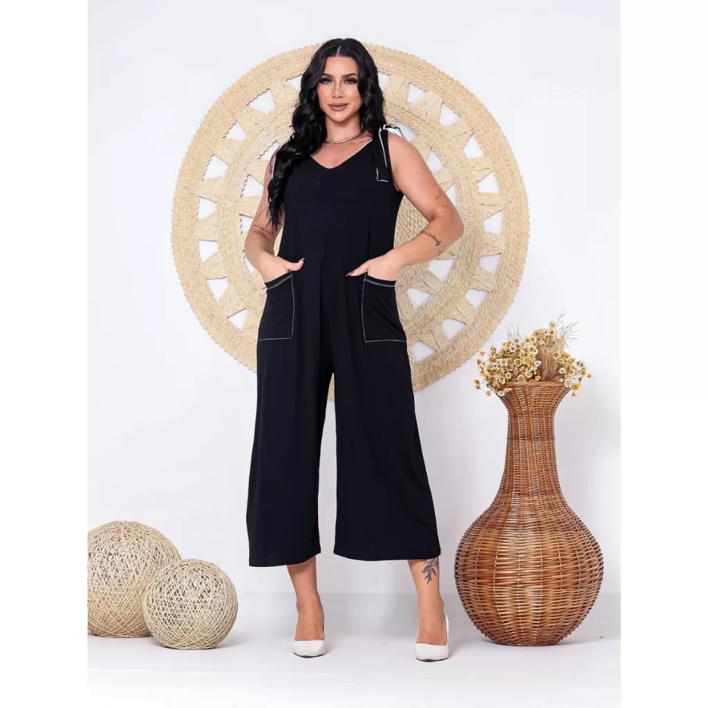 Macacão Feminino Midi Regata em Viscolycra Duas Cores com Decote VModaElegante