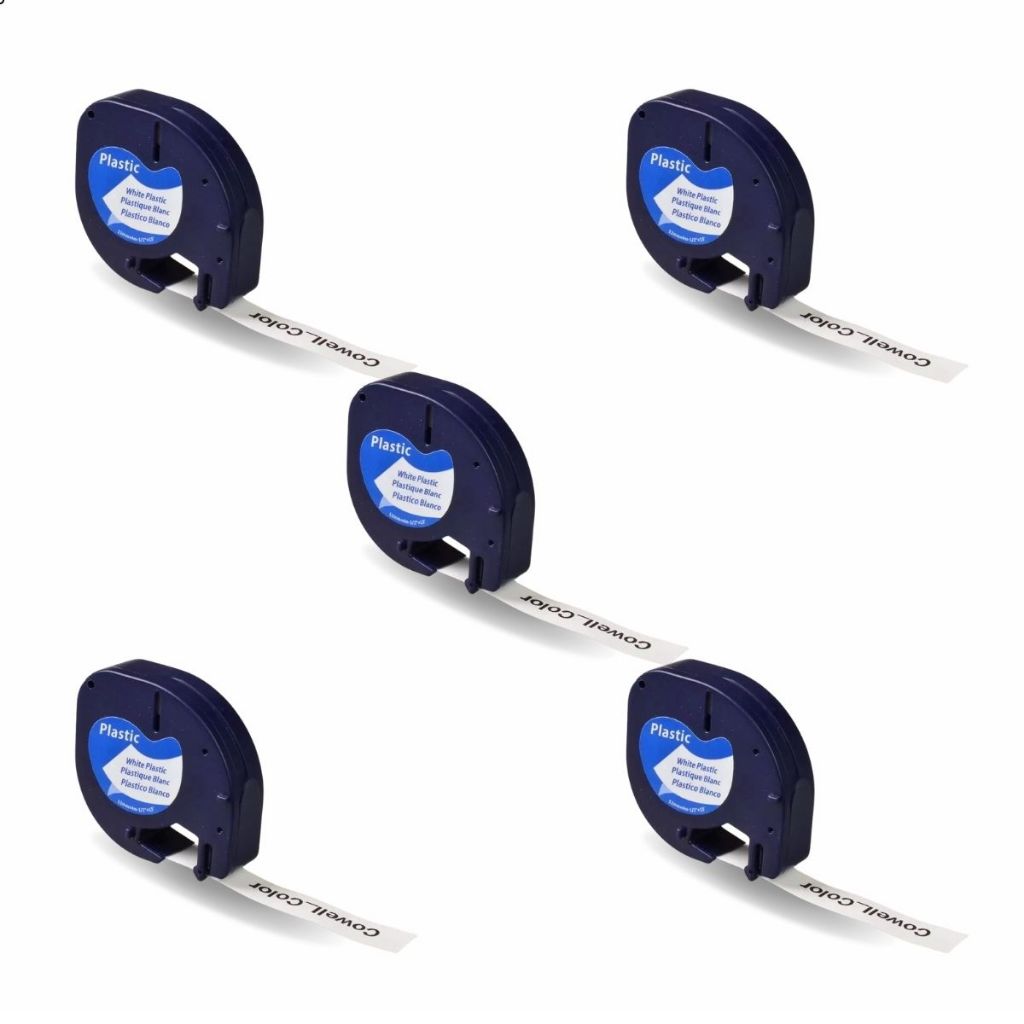 Kit 5 Fitas Rotuladoras Compatível para Dymo Letratag 12mm x 4m Impressão Letras Pretas Etiqueta Bra