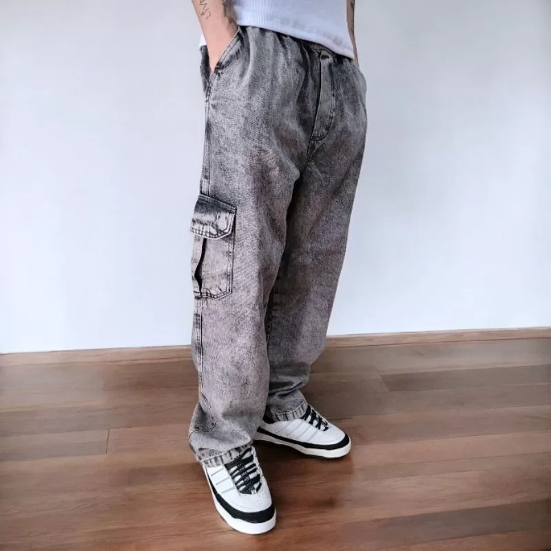 Calça Cargo Masculina Jeans Preto Estonado Retrô Cós Elástico
