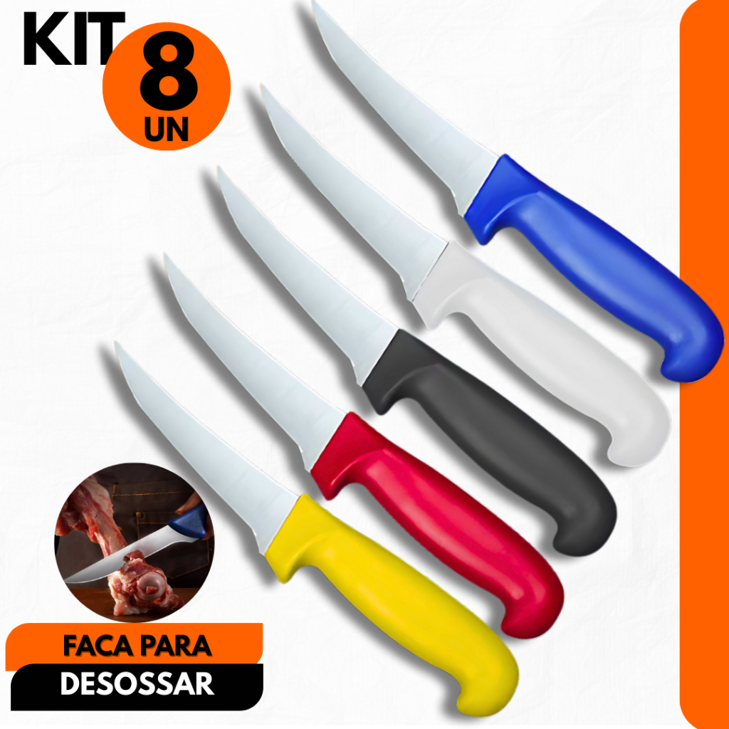 Kit 8- Facas de Desossa Aço Inox Profissional, Açougue, Churrascaria, Restaurante