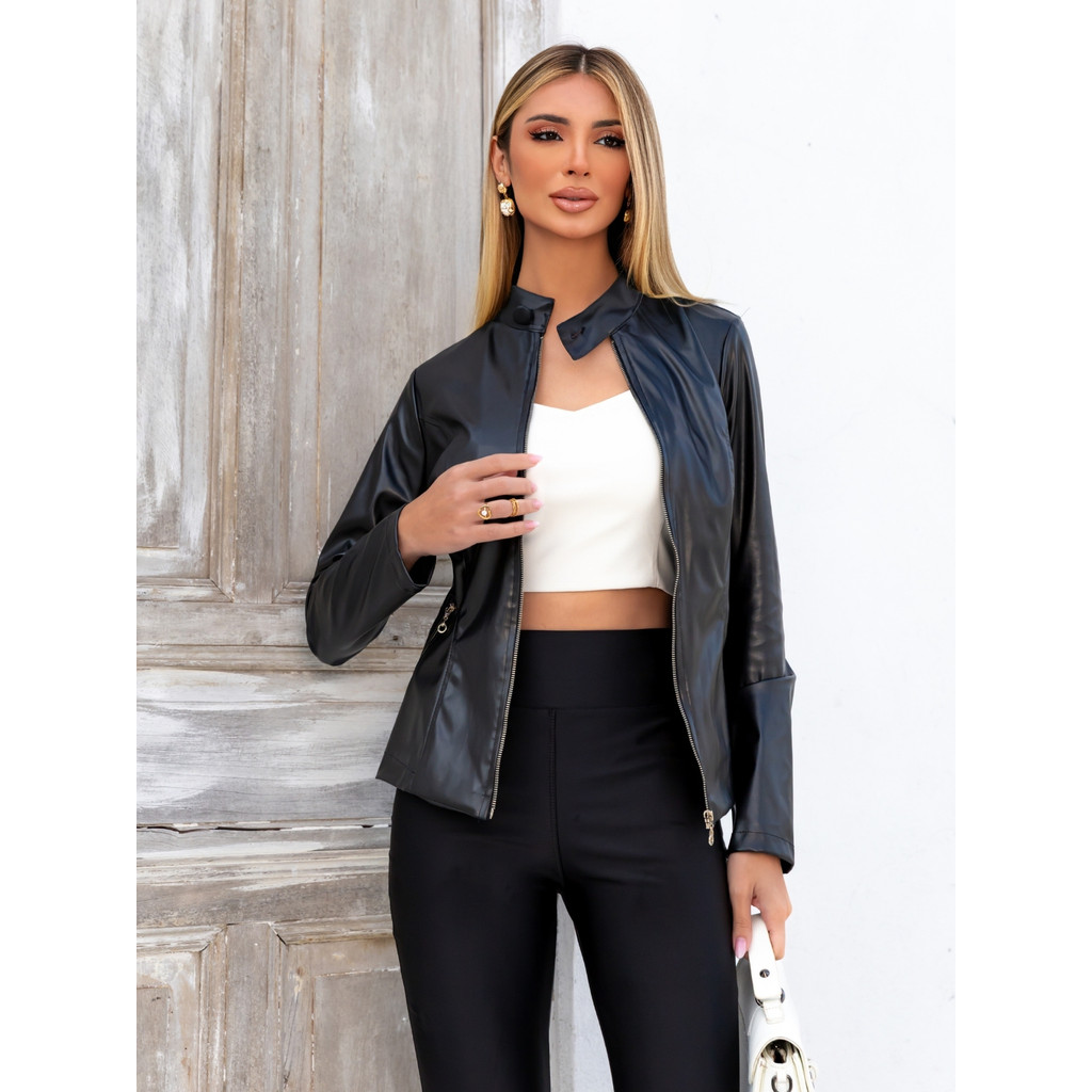 Jaqueta de Couro Sintetico Feminino com Zíper e Botão