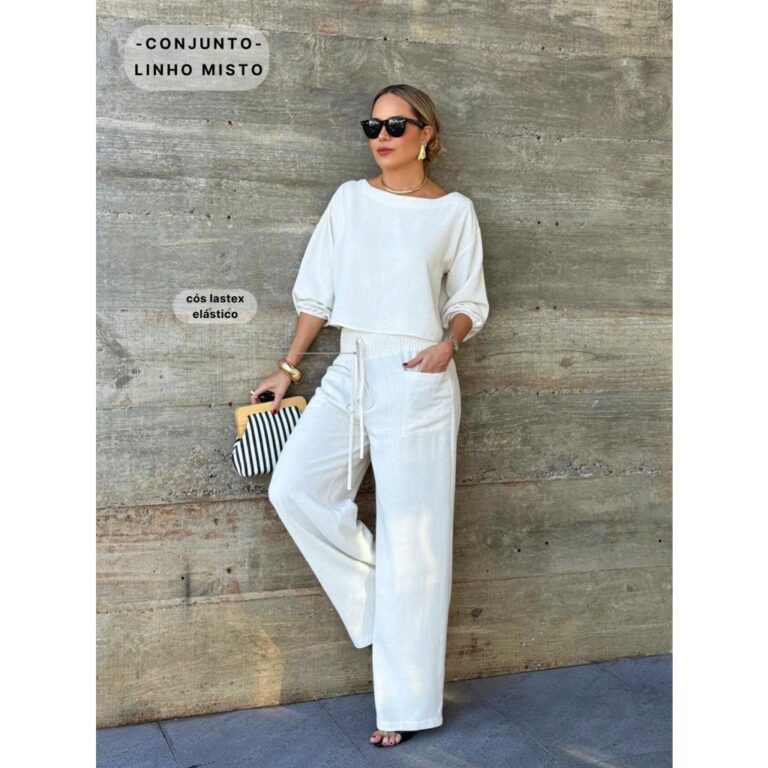 Conjunto em Linho Misto: Pantalona e Blusa Decote 