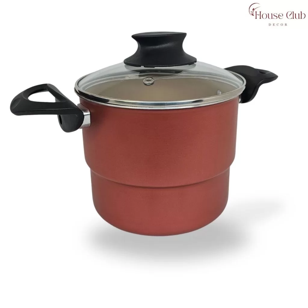 Cuscuzeiro 16 cm com Tampa de Vidro Com Antiaderente Teflon Cor Cereja e Dourado