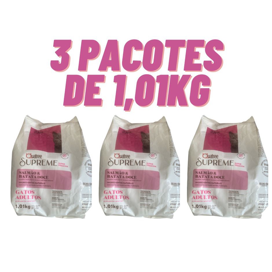 Kit Ração 1kg  1, 2, 3 Pacotes Quatree Supreme Para Gatos Adultos Salmão e batata doce