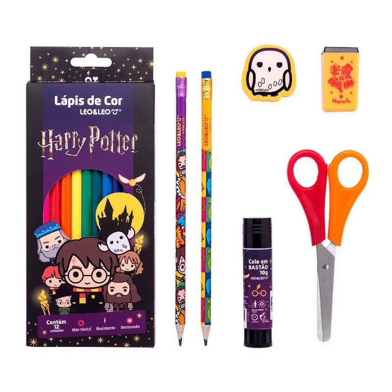 Kit Lápis De Cor 12 Cores Harry Potter Caixa C/ 6 ítens Leoeleo