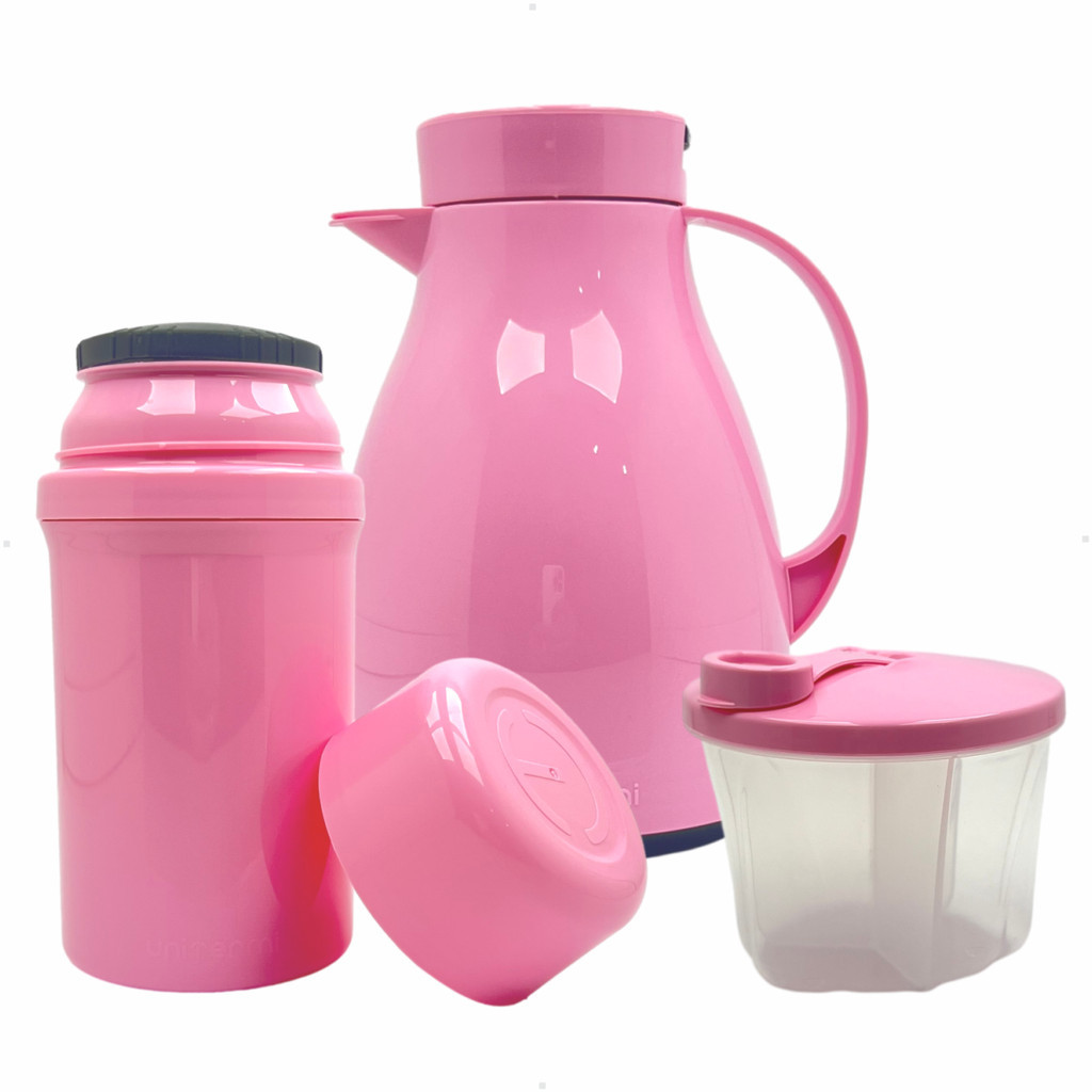 Kit UniBaby Garrafa Térmica Paris 500ml Garrafa Fano 250ml Pote Dosador Leite Em Pó 300ml Rosa