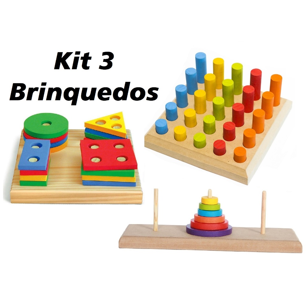 Kit 3 Brinquedos – TORRE DE HANÓI + PINOS DE ENCAIXE + FORMAS GEOMÉTRICAS – Brinquedos Educativos