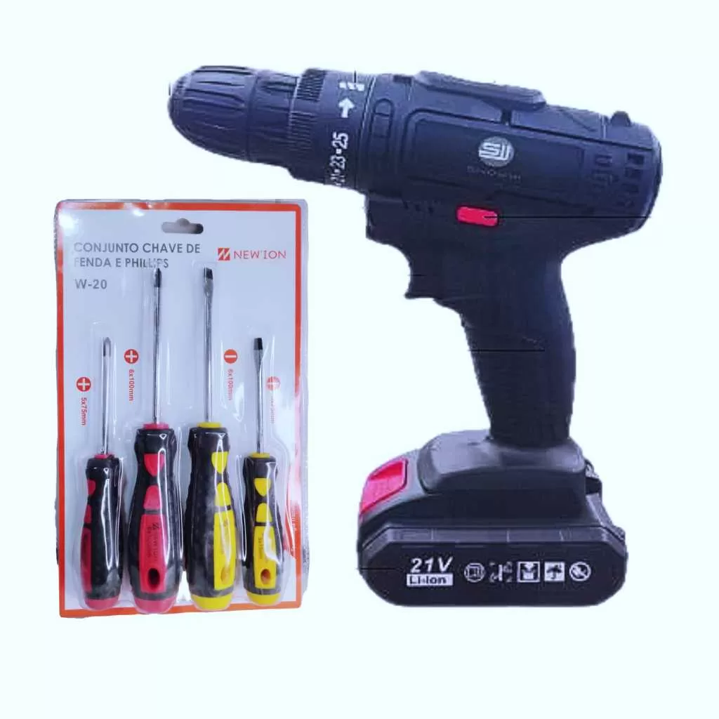 Parafusadeira e Furadeira Sem Fio 21V com Bateria Recarregável de Lítio e 30 Bits + Brinde kit ferra