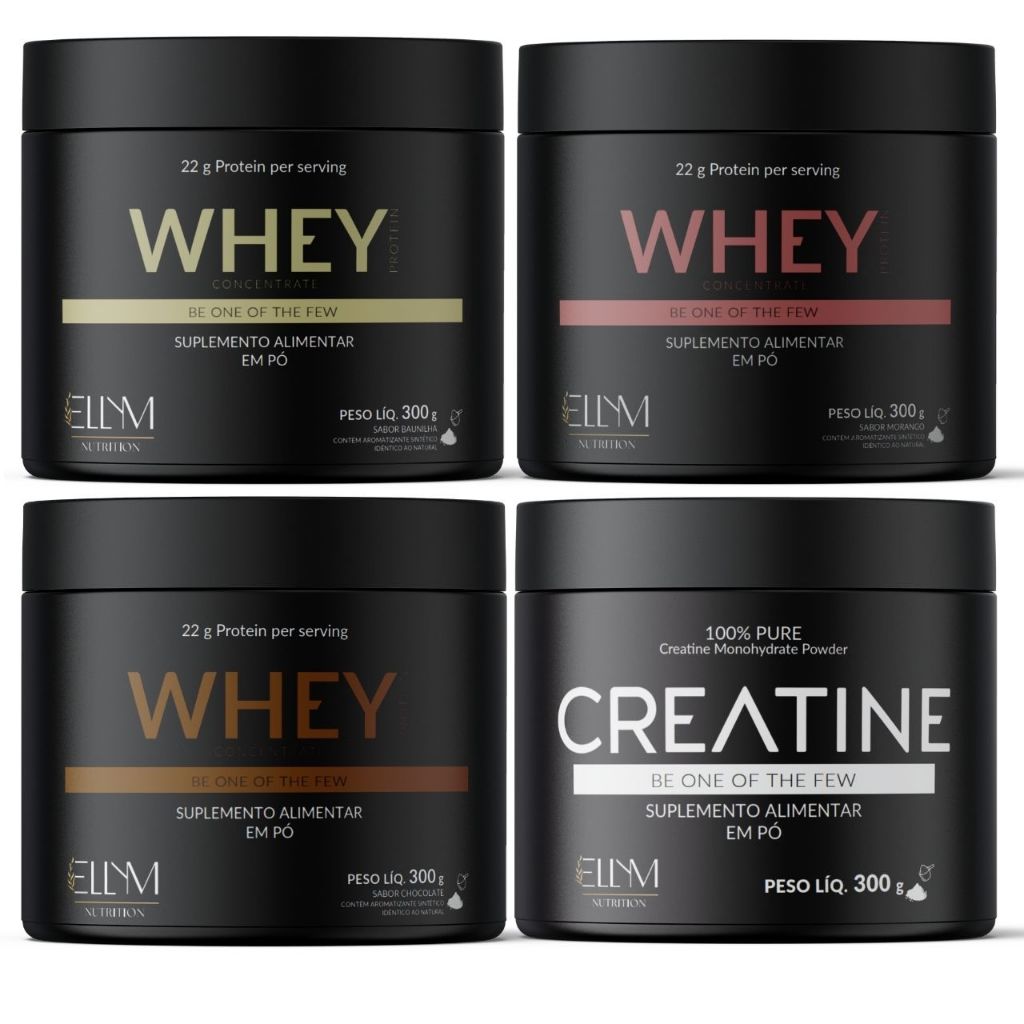 Kit Whey Protein Napolitano 900g (3x300g) Premium + Creatina 300g Pura Ellym Nutrition Suplemento