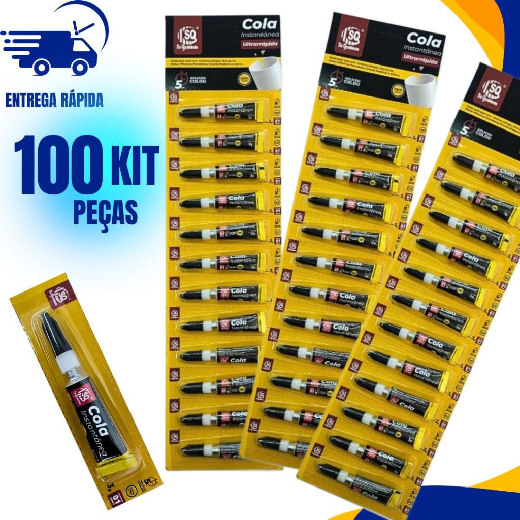 KIT 100 Super Cola Instantânea Tubo 3g Ultra Rápida Adesivo Transparente Uso Geral C/100 Ou 50 Unid
