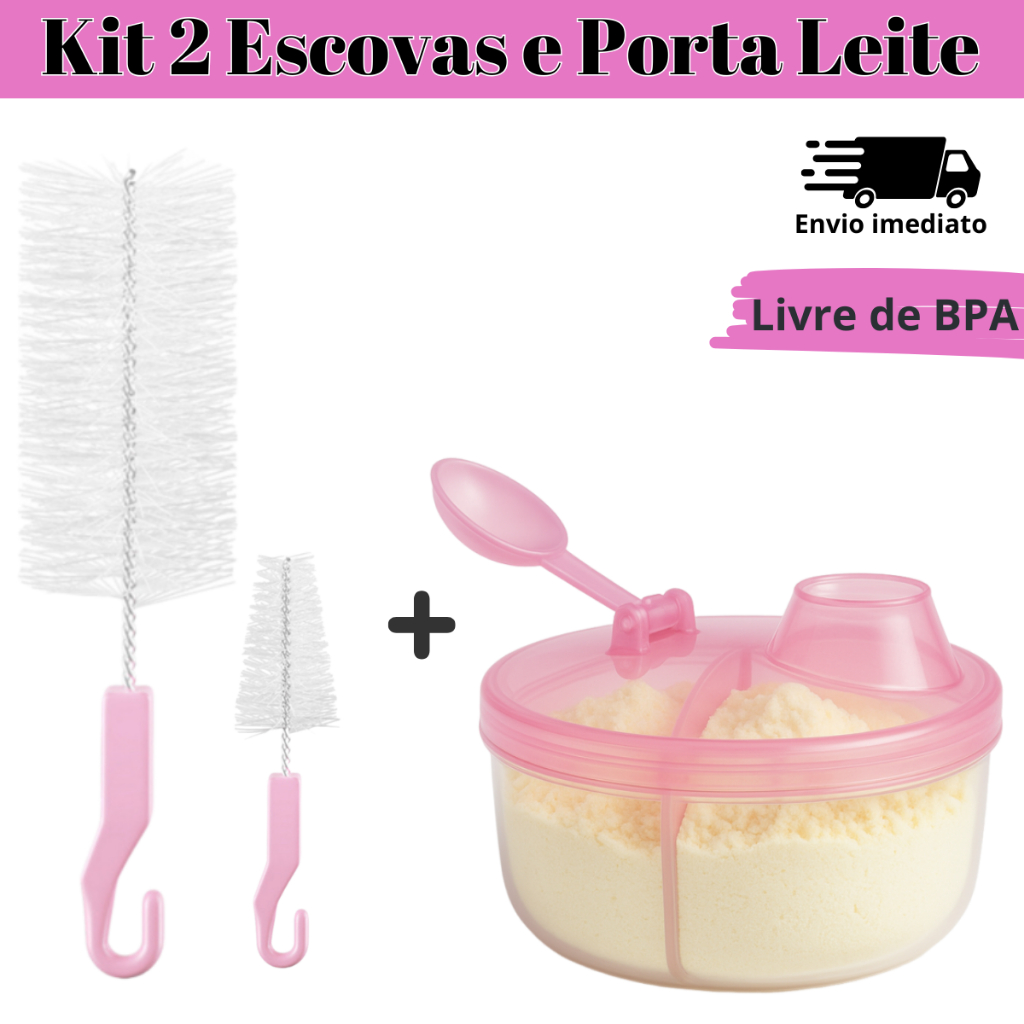 2 Escovas de Lavar Mamadeiras e Bicos Bebê+ 1 Porta Leite, Achocolatado, Açúcar, Café