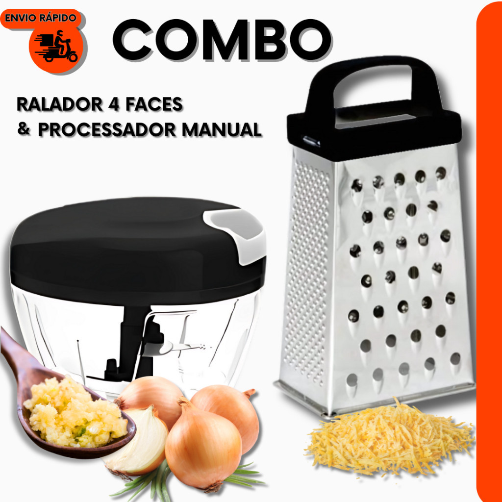 Processador 3 Lâminas 500Ml Manual Alimentos e Triturador E 24Cm Ralador Inox 4 Faces Resistente