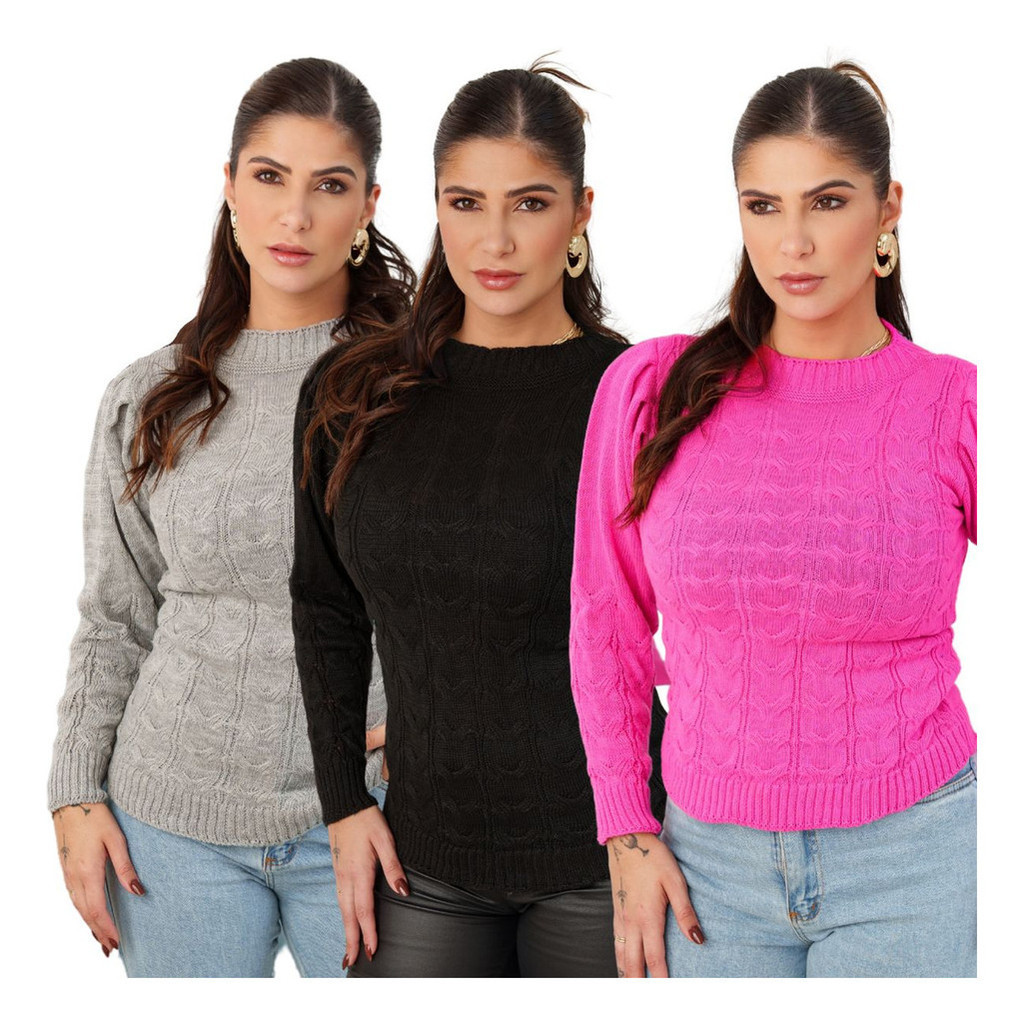 Kit 3 Blusa Feminina Tricot Frio Inverno Moda Manga Longa Bufante Princesa