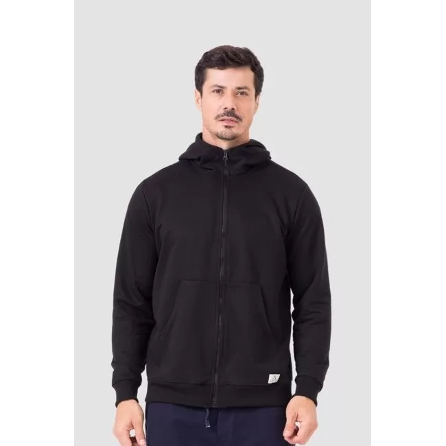 Jaqueta Moletom Preto Zíper Capuz e Bolso